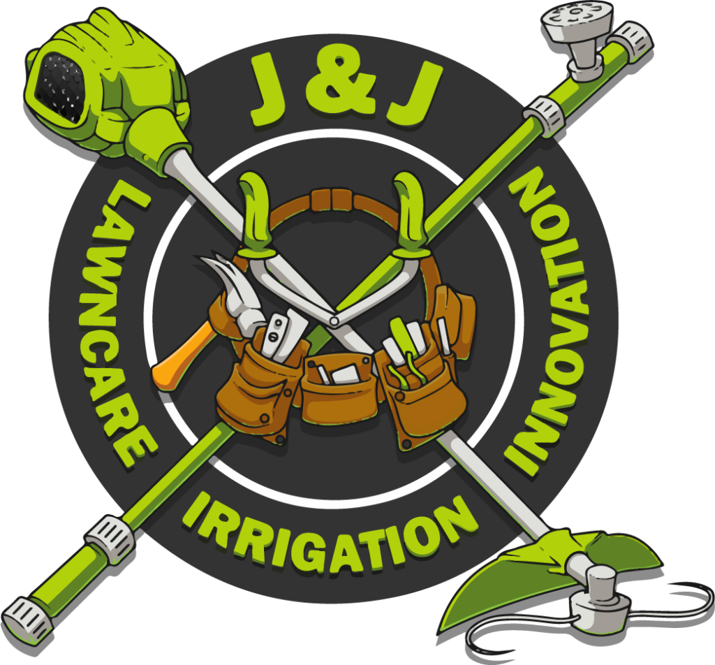 JJLIR logo a circle with a irrigation pipe and weed eater crossed and ringed by a tool belt colos are sfety green and heater gray dark and brown for the tool belt