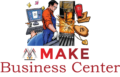 Logo for MAKE Business Center featuring a man operating a laser machine with a goldish color, and another person working on a computer. The scene includes various products, such as an engraved tumbler and a logo carved on wood. The primary colors are maroon, dark blue, light blue, gray, gold, and black.