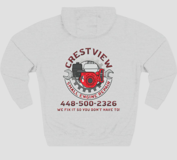 Crestview Small Engine Repair gray hoodie with logo on back colors are red and black logo is 2 open ended wrenches and a small gas engine