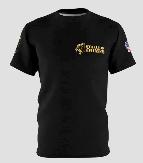 Stallion homes black t shirt with front logo and name in gold logo is horse head